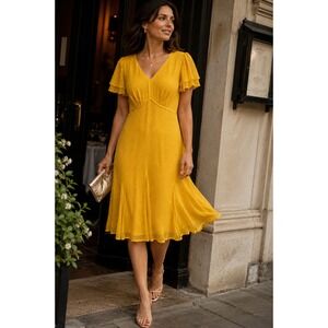 L.K. Bennett Hally Silk Dobby Dot Flutter Sleeve Dress‎ Mustard US 12